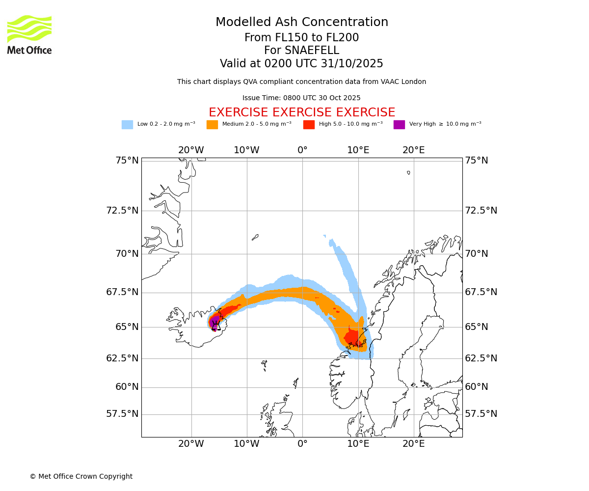 Modelled ash concentration from 150 to 200 for SNAEFELL. Valid at 0200 UTC 31/10/2025