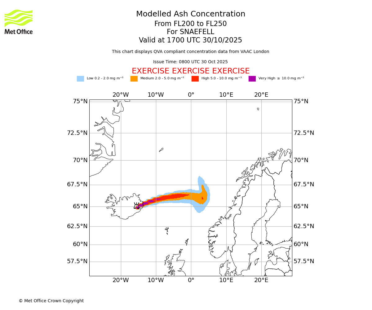 Modelled ash concentration from 200 to 250 for SNAEFELL. Valid at 1700 UTC 30/10/2025
