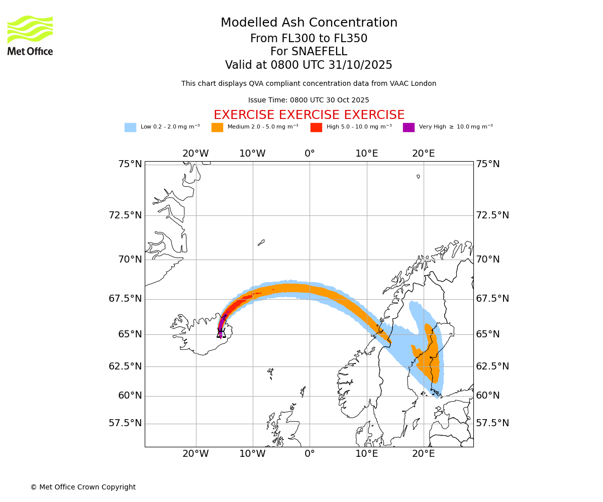 Modelled ash concentration from 300 to 350 for SNAEFELL. Valid at 0800 UTC 31/10/2025