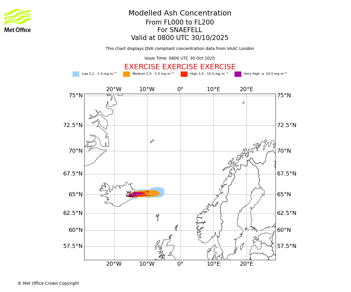 Modelled ash concentration from 000 to 200 for SNAEFELL. Valid at 0800 UTC 30/10/2025