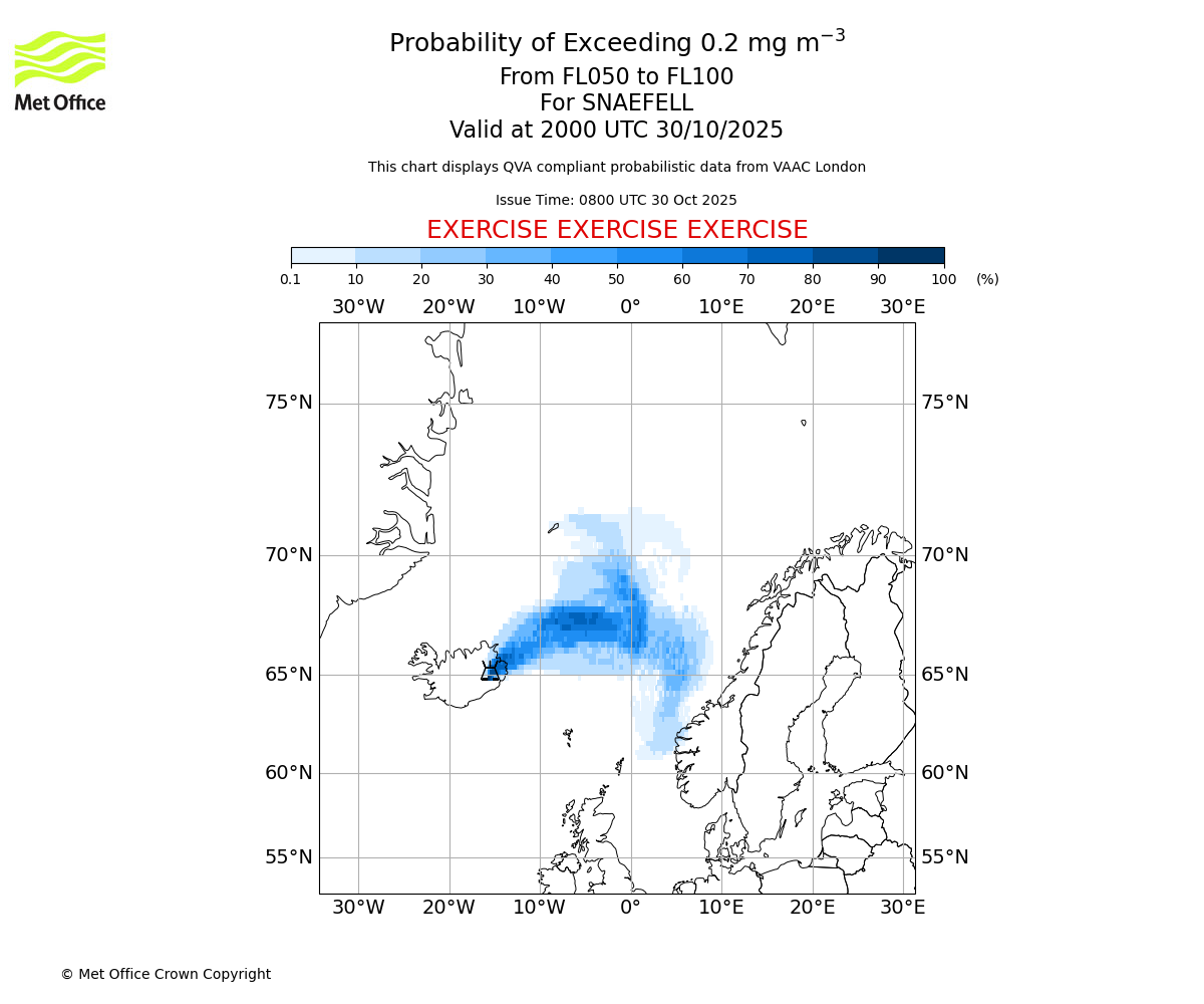 Probability of exceeding 0.2 milligrams per metre cubed. From 050 to 100 for SNAEFELL. Valid at 2000 UTC 30/10/2025