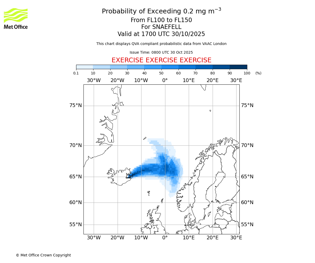 Probability of exceeding 0.2 milligrams per metre cubed. From 100 to 150 for SNAEFELL. Valid at 1700 UTC 30/10/2025