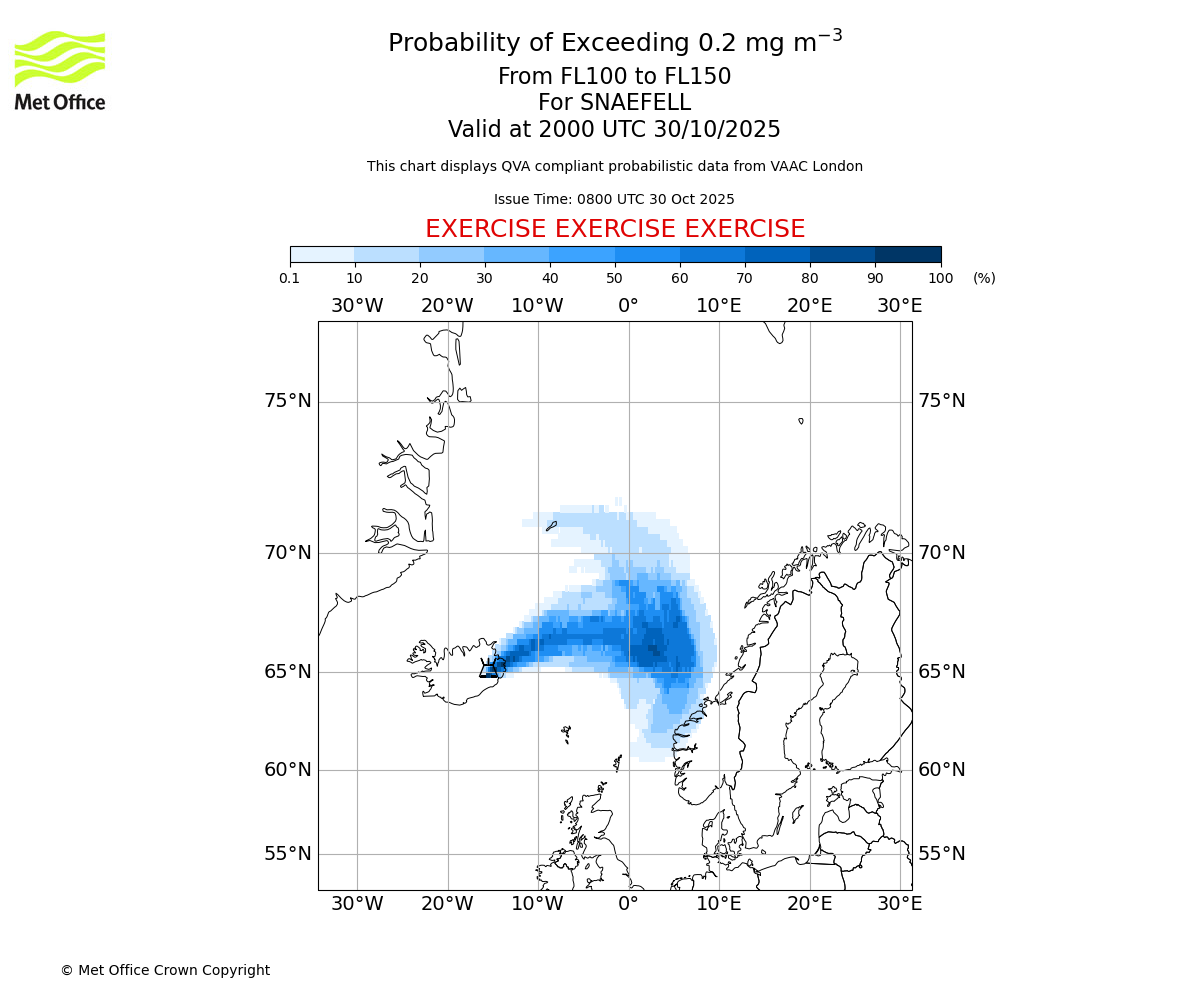 Probability of exceeding 0.2 milligrams per metre cubed. From 100 to 150 for SNAEFELL. Valid at 2000 UTC 30/10/2025