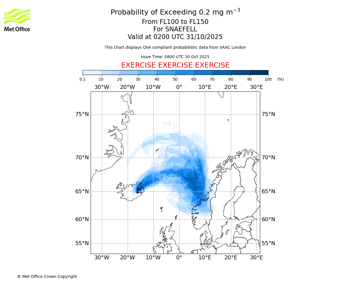Probability of exceeding 0.2 milligrams per metre cubed. From 100 to 150 for SNAEFELL. Valid at 0200 UTC 31/10/2025