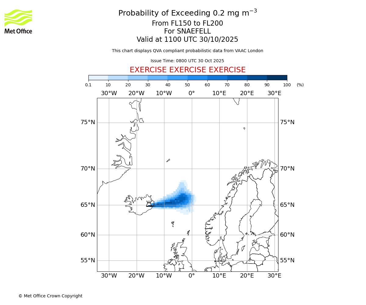 Probability of exceeding 0.2 milligrams per metre cubed. From 150 to 200 for SNAEFELL. Valid at 1100 UTC 30/10/2025