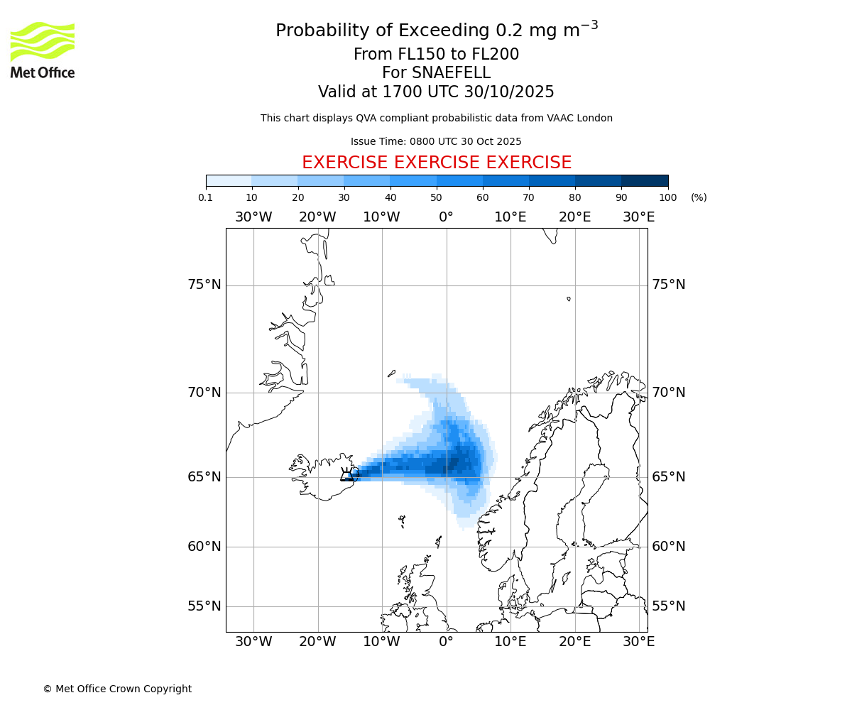 Probability of exceeding 0.2 milligrams per metre cubed. From 150 to 200 for SNAEFELL. Valid at 1700 UTC 30/10/2025