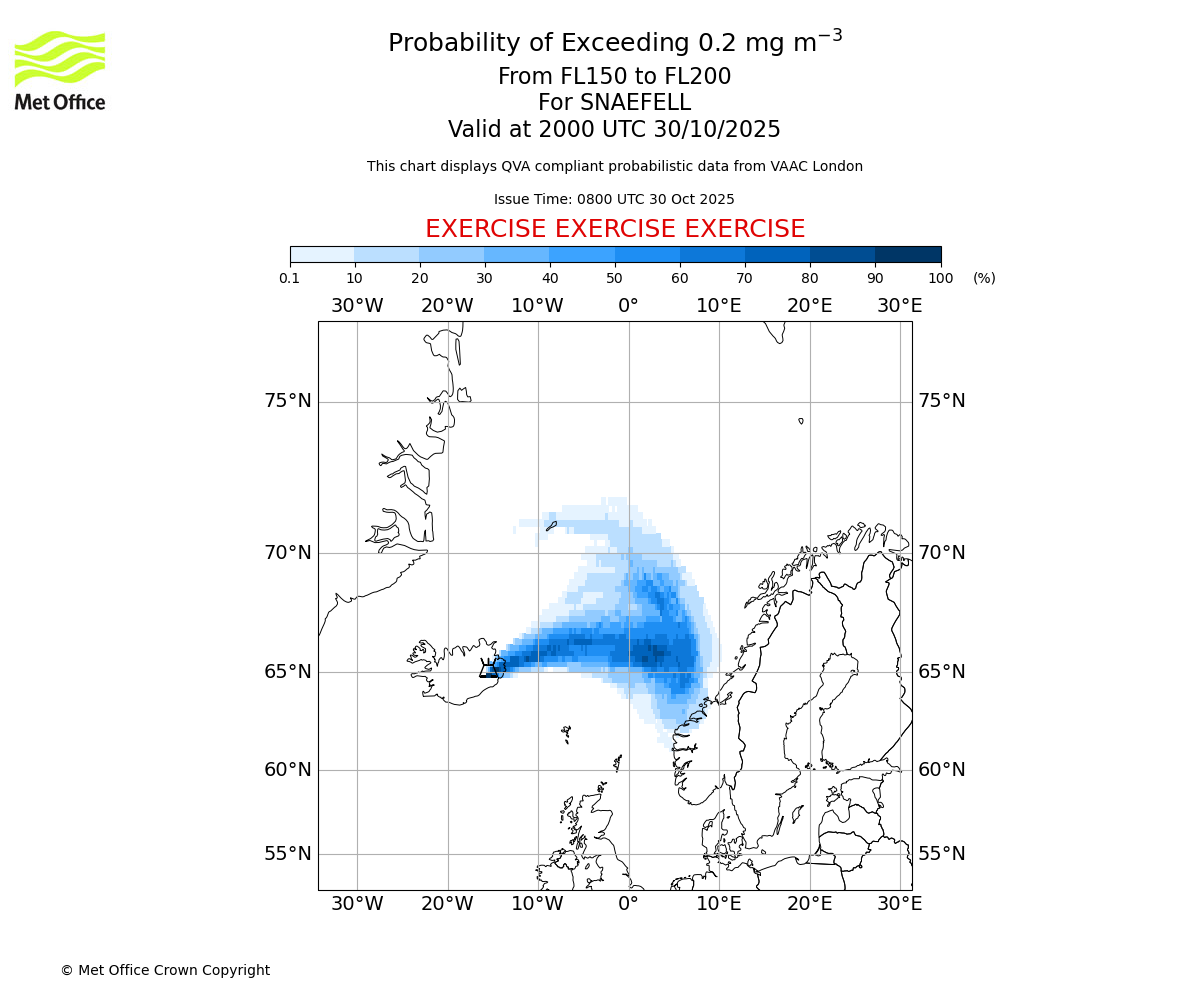 Probability of exceeding 0.2 milligrams per metre cubed. From 150 to 200 for SNAEFELL. Valid at 2000 UTC 30/10/2025