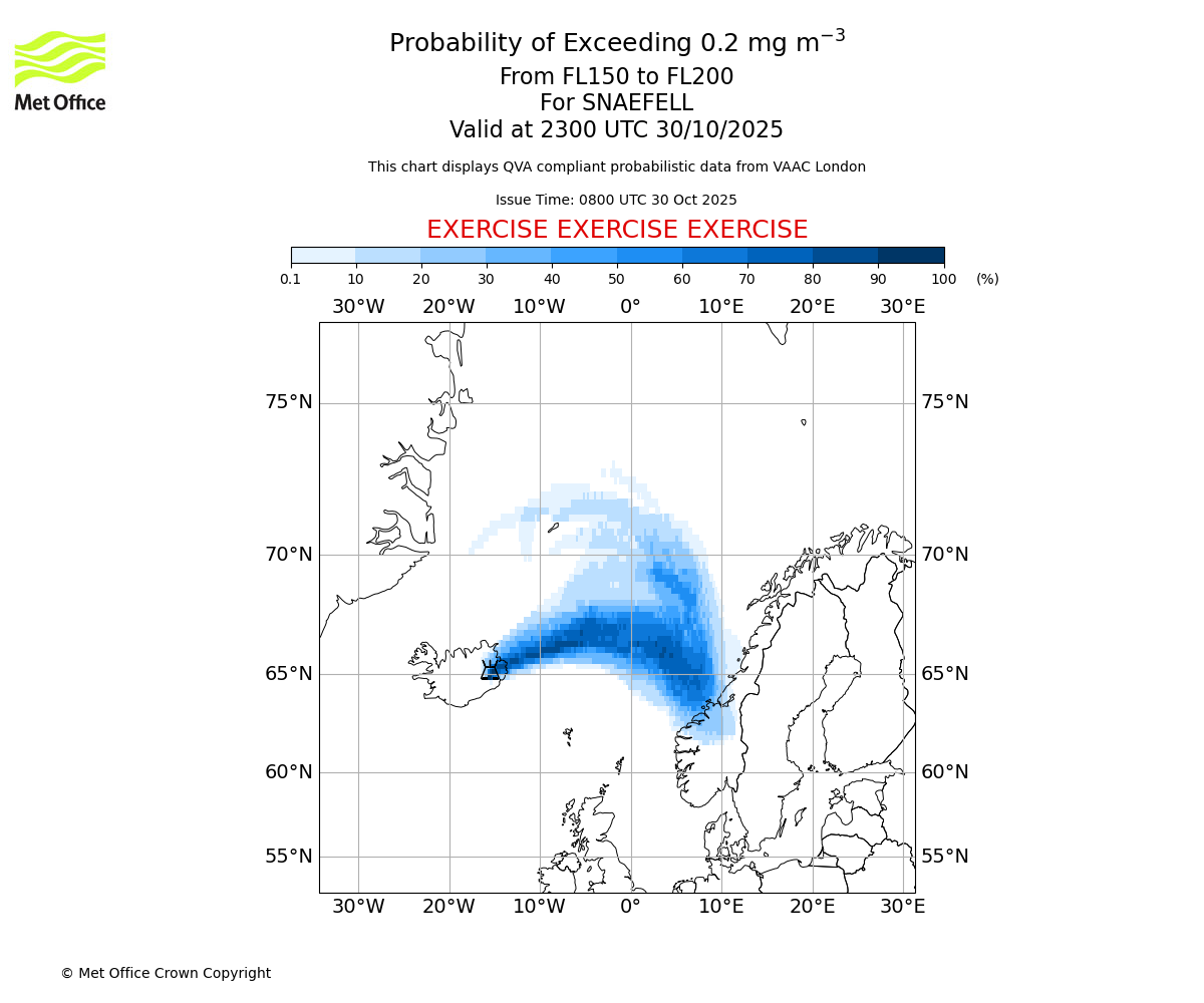 Probability of exceeding 0.2 milligrams per metre cubed. From 150 to 200 for SNAEFELL. Valid at 2300 UTC 30/10/2025