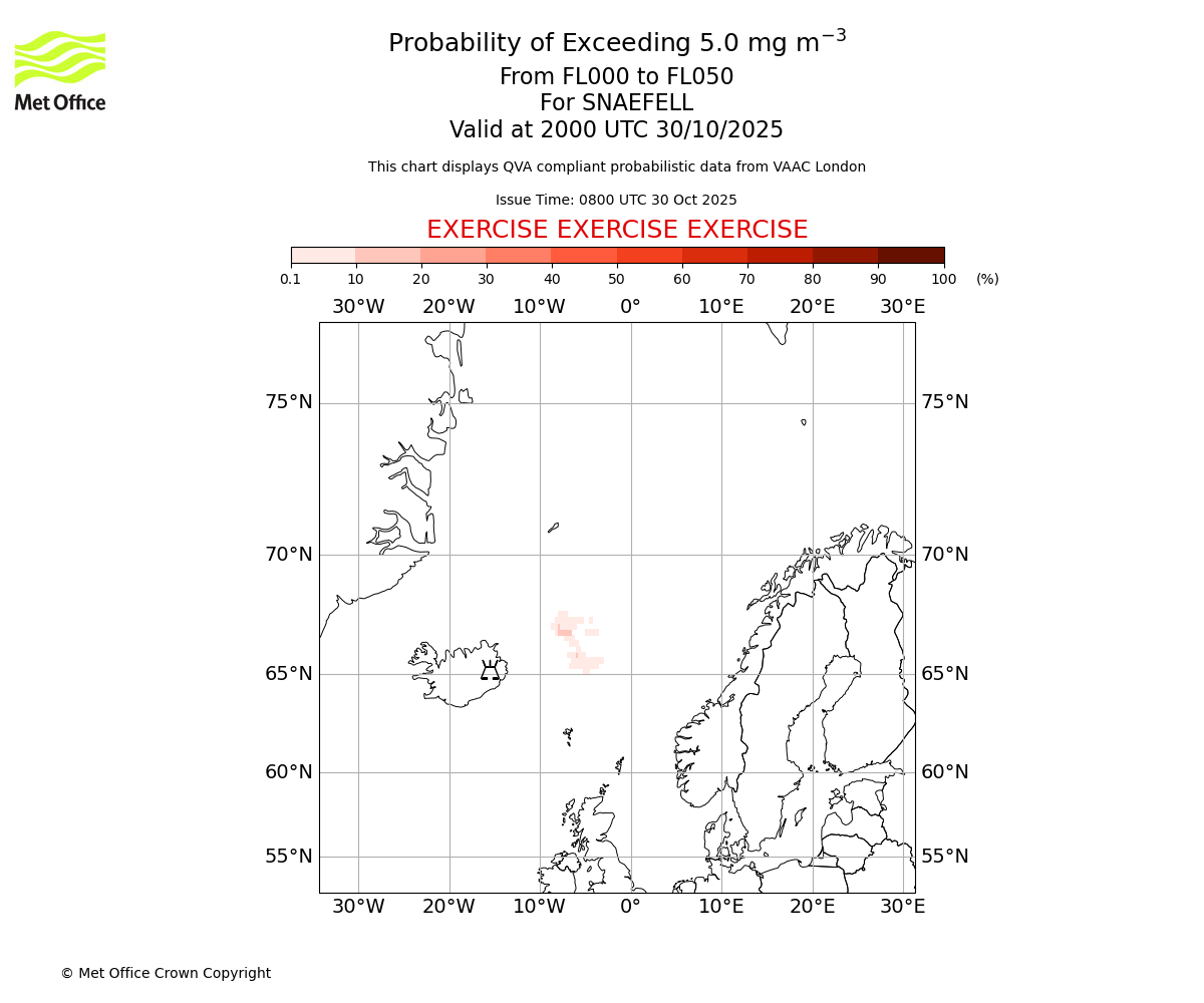 Probability of exceeding 5.0 milligrams per metre cubed. From 000 to 050 for SNAEFELL. Valid at 2000 UTC 30/10/2025
