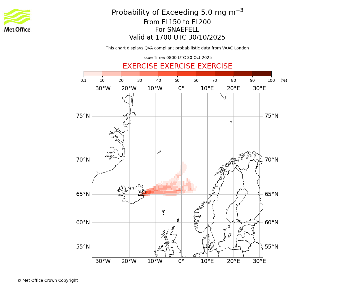 Probability of exceeding 5.0 milligrams per metre cubed. From 150 to 200 for SNAEFELL. Valid at 1700 UTC 30/10/2025