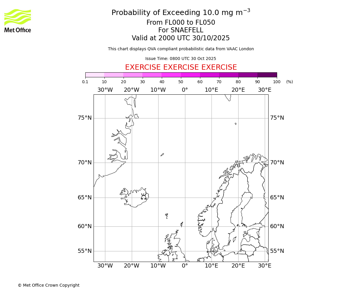 Probability of exceeding 10.0 milligrams per metre cubed. From 000 to 050 for SNAEFELL. Valid at 2000 UTC 30/10/2025